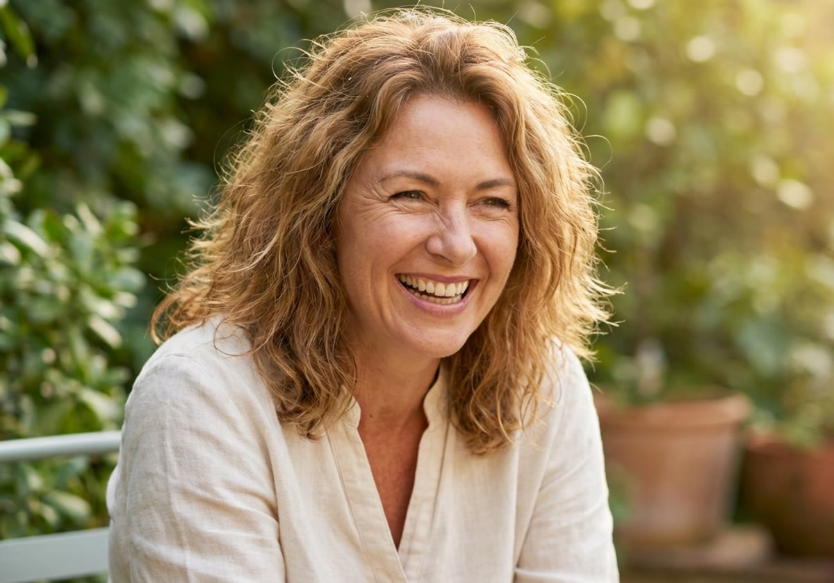 Woman laughing in a sunlit garden