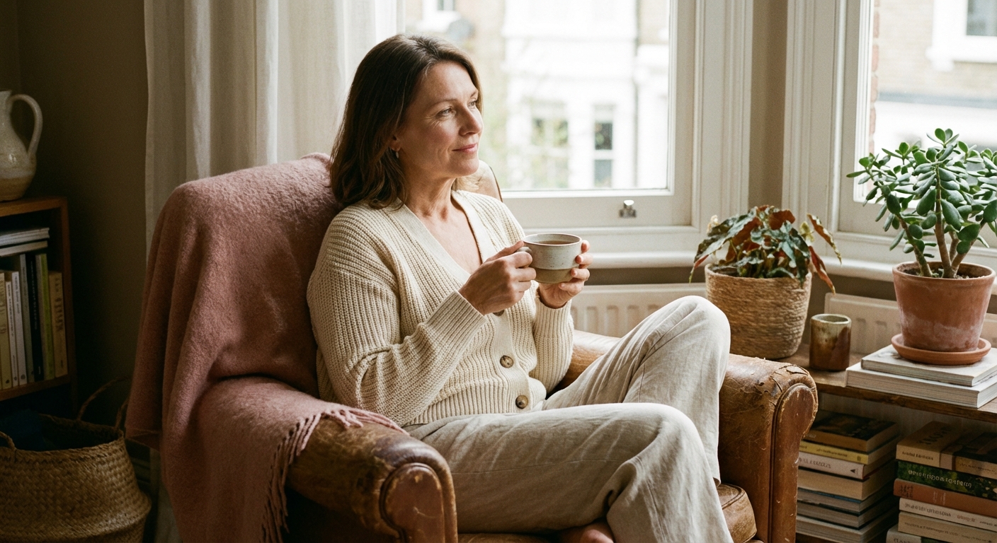 Woman sitting peacefully with tea by a window